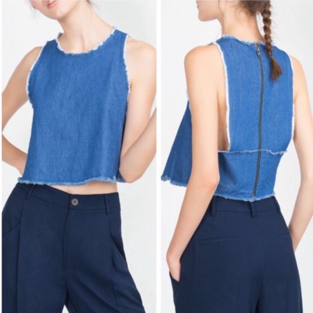 Zara Trafaluc denim raw edge top with zipped back